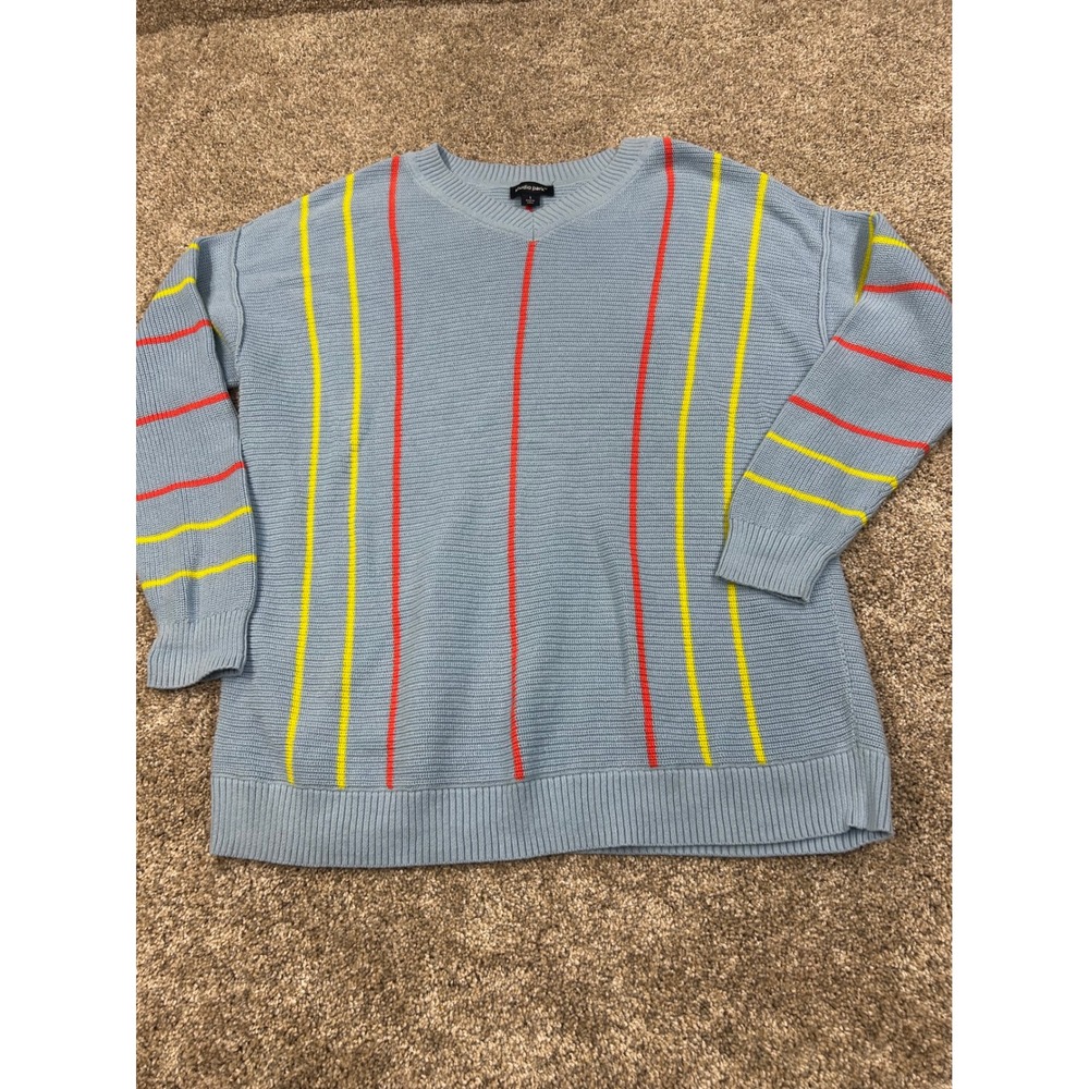 Studio Park Women Blue Striped V-Neck Cotton Knit Sweater Large Red Yellow #0684
